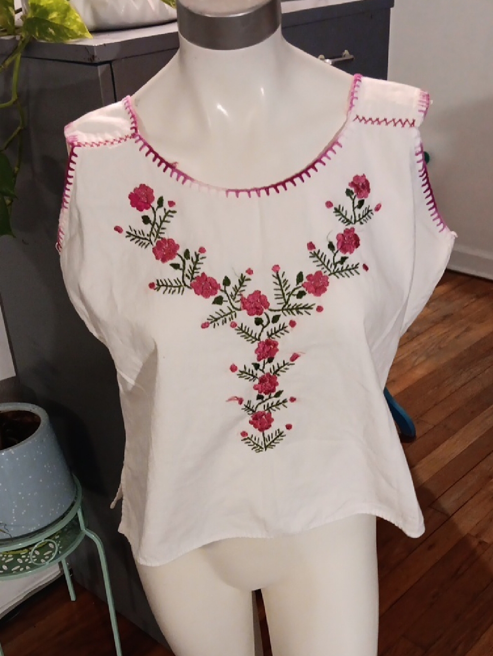 White Embroidered Floral Tank Top with Pink Accents